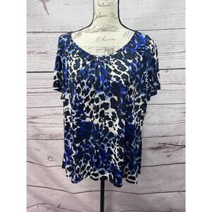 Jaclyn Smith Blue Black White Floral Printed‎ Blouse Short Sleeve XXL